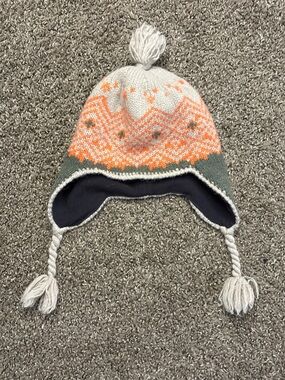 Patagonia Earflap Beanie in Cream, Orange & Green with Pom
